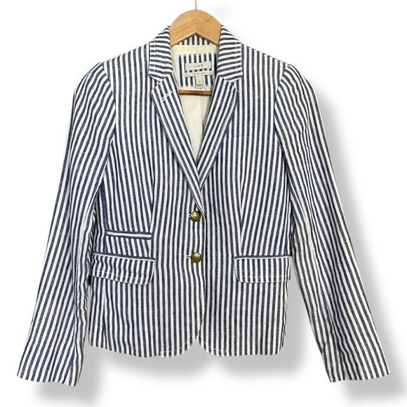 J. Crew Schoolboy Blazer Striped Blue White Linen Sz 2 Women Professional Preppy - Picture 1 of 16